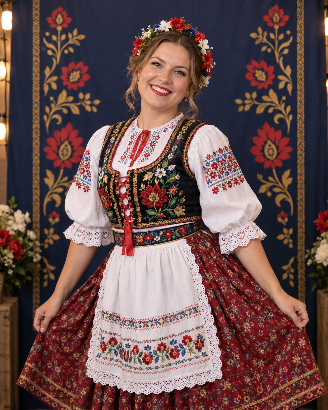 Example of a guest dressed in a colorful Slavic costume at the festival photo booth